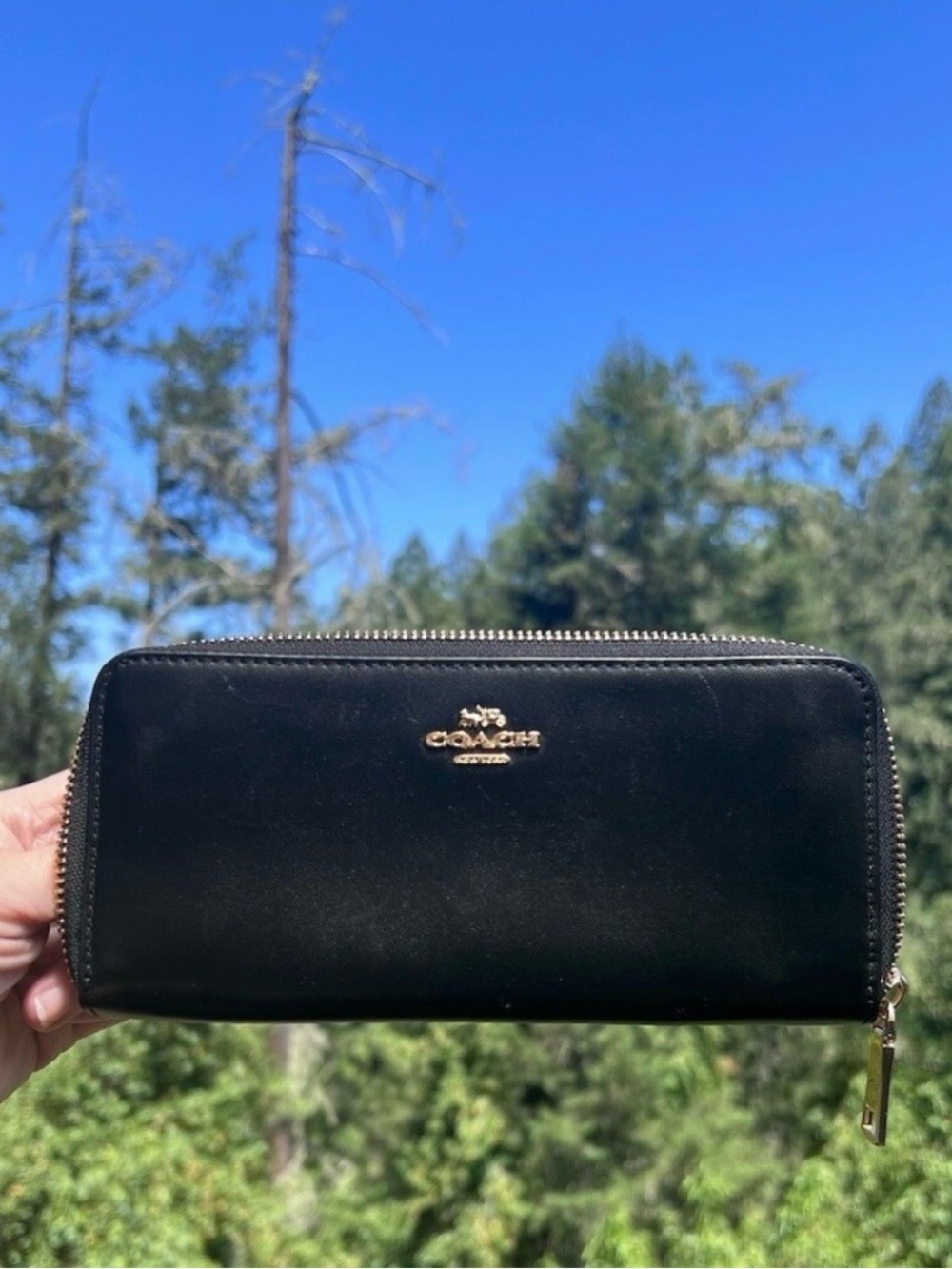 COACH Black Long Zip-Around Wallet Smooth Leather with Gold Hardware AUTHENTIC
